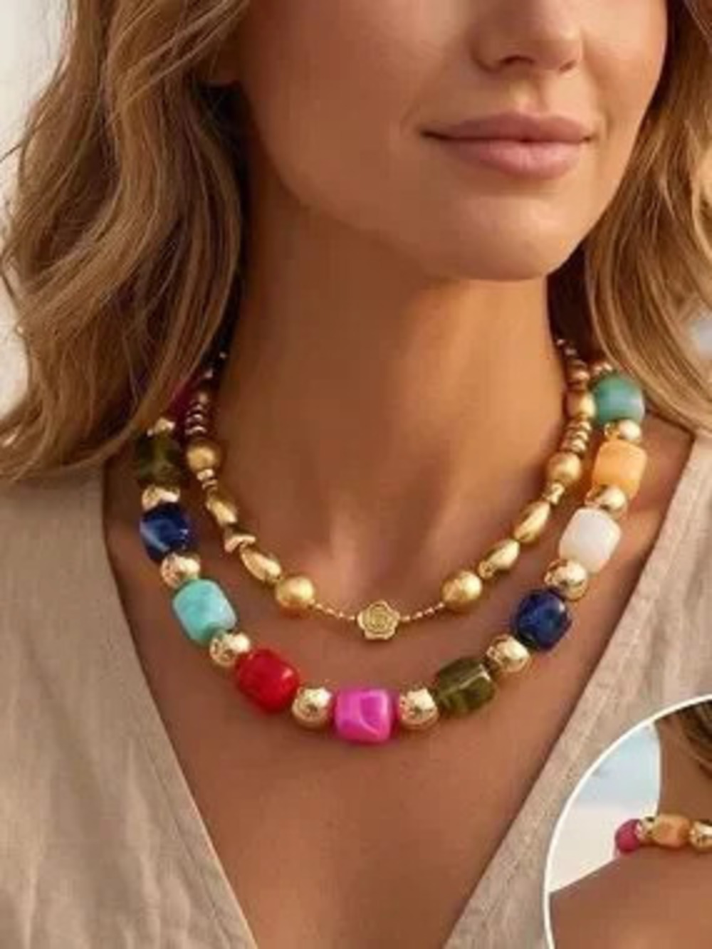 Anthropologie Gold Tone and Multicolor Bead Layered Necklace